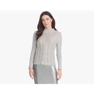 White House Black Market Gray Cable-Knit Sweater with Faux Pearls Beaded Sz S
